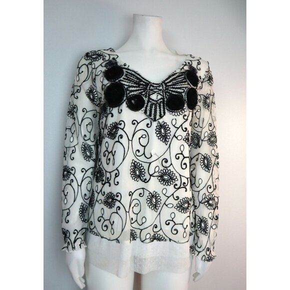 YOUNG ESSENCE - WOMEN'S WHITE & BLACK EMBROIDERED LACE BOHO COTTAGE CORE TOP - L - Picture 1 of 9